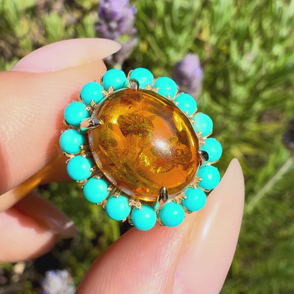 14k yellow gold Eden Halo 3.10 ctw Natural Amber & Turquoise East-West Ring (One-of-a-Kind)