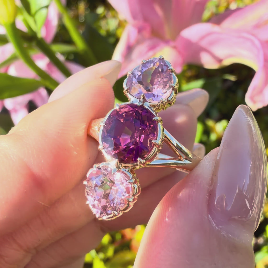14k yellow gold Aurea 3.77 ctw Natural Rose Tourmaline Three-Stone Ring (One-of-a-Kind)