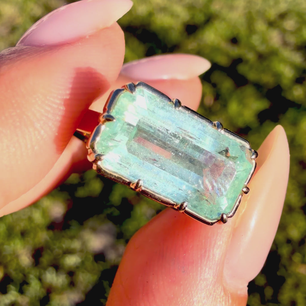 14k yellow gold Aurea 4.34 ctw Guild Certified Natural Blue-Green Beryl East-West Ring (One-of-a-Kind)