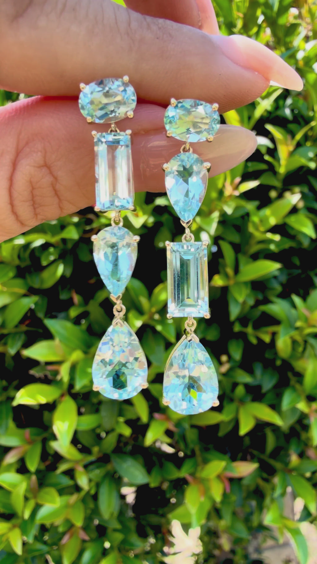 Garden Melody AIGS Certified 11.44 ctw Santa Maria Blue Aquamarine Drop Earrings in 14k yellow gold (One-of-a-Kind)