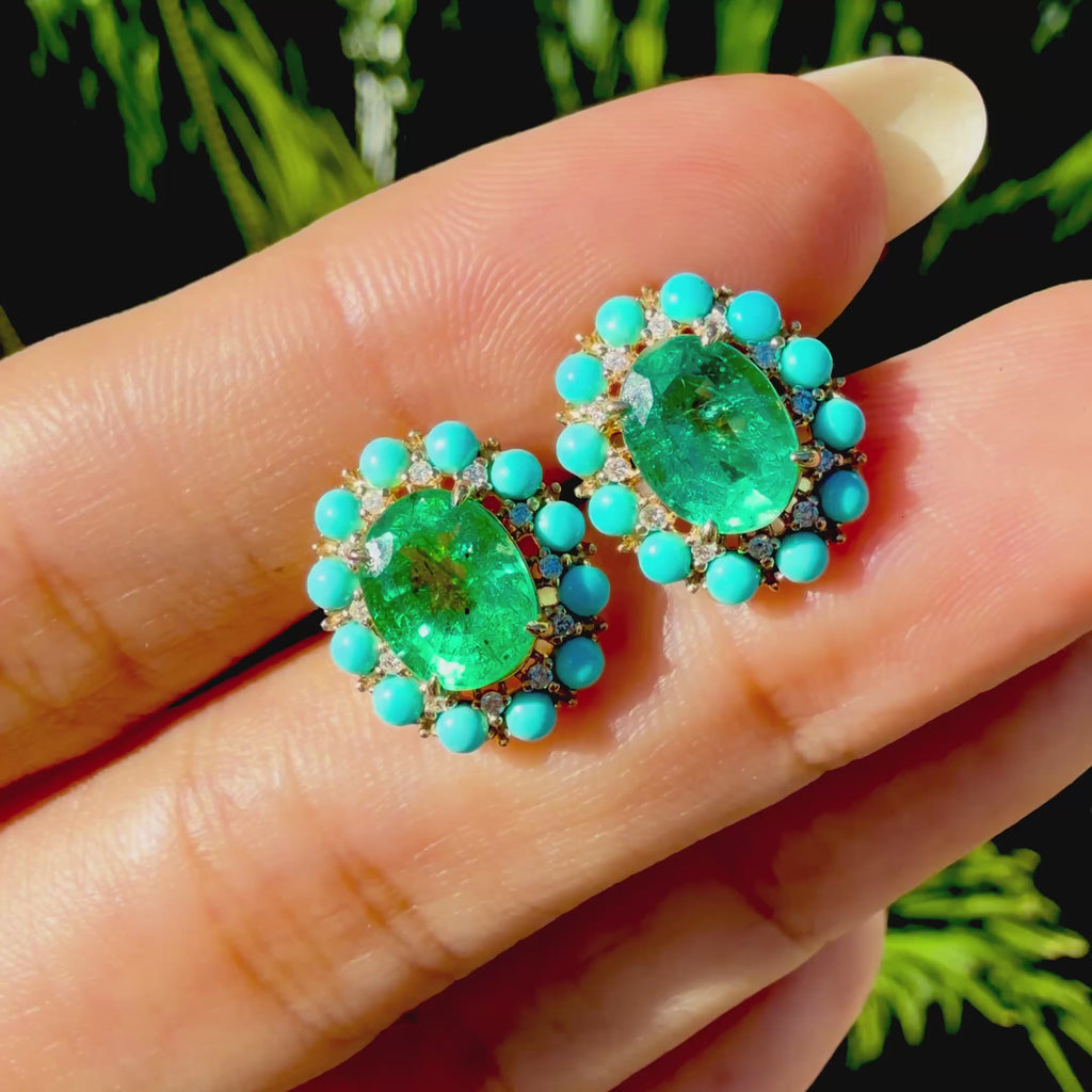 Belle Halo 3.41 ctw AIGS Certified Natural Emerald, Turquoise & Diamond Earrings (One-of-a-Kind)