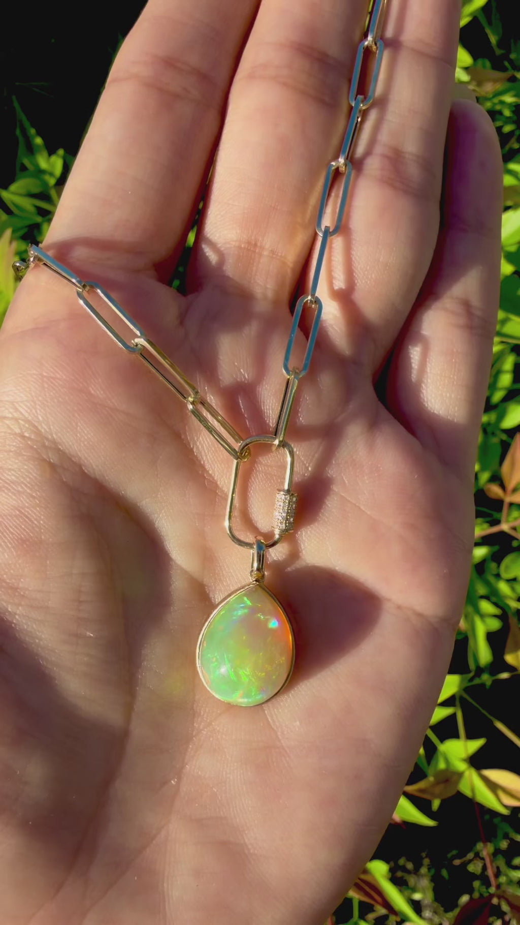 14k solid yellow gold Vivid Glance 6.20 ctw Natural Opal Diamond Lock Paperclip Chain Necklace (One-of-a-Kind)