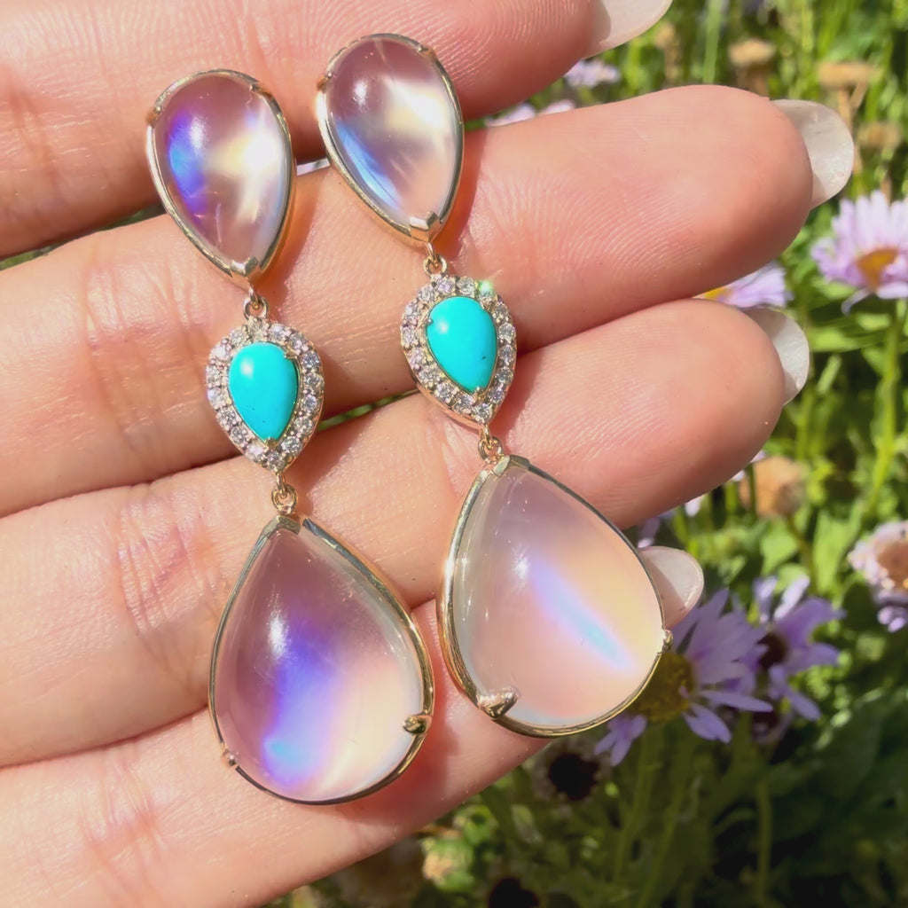 kai fine jewelry Garden Melody natural 27.36 ctw Natural Moonstone, Turquoise & Diamond Drop Earrings in 24k yellow gold (One-of-a-Kind)