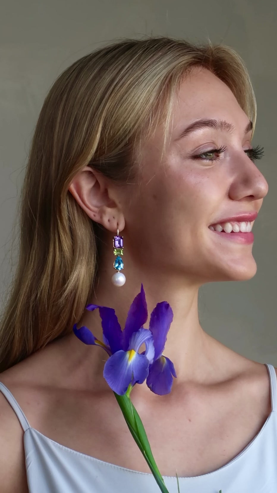 GemFusion Natural Amethyst Peridot Topaz Diamond Pearl Convertible Drop Earrings 14k yellow gold