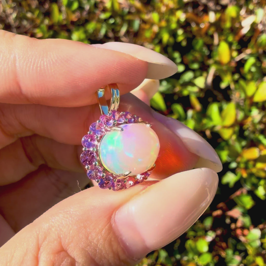14k yellow gold Eden Halo 4.12 ctw Natural Opal & Pink Sapphire Diamond Lock Paperclip Chain Necklace (One-of-a-Kind)