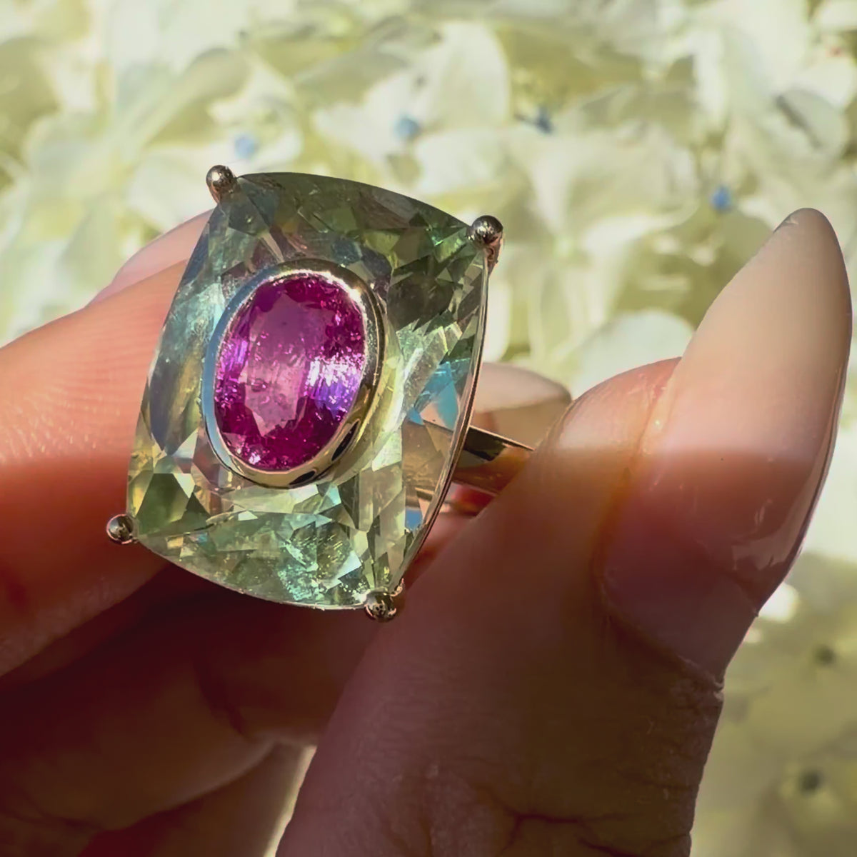14k solid yellow gold Inner Light 10.90 ctw Natural Prasiolite & Pink Sapphire Ring (One-of-a-Kind)