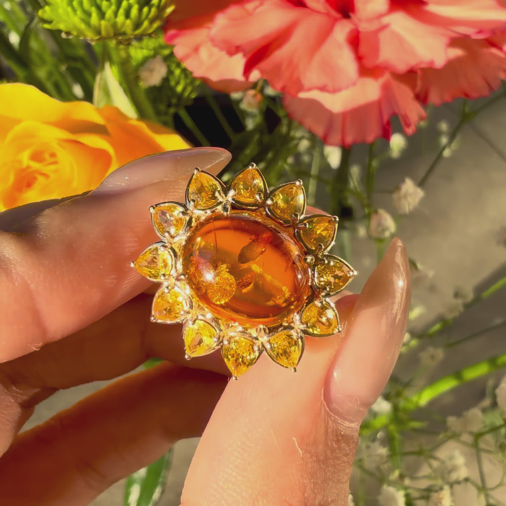 14k yellow gold Bloom Halo 3.82 ctw Natural Amber & Yellow Sapphire East-West Ring (One-of-a-Kind)