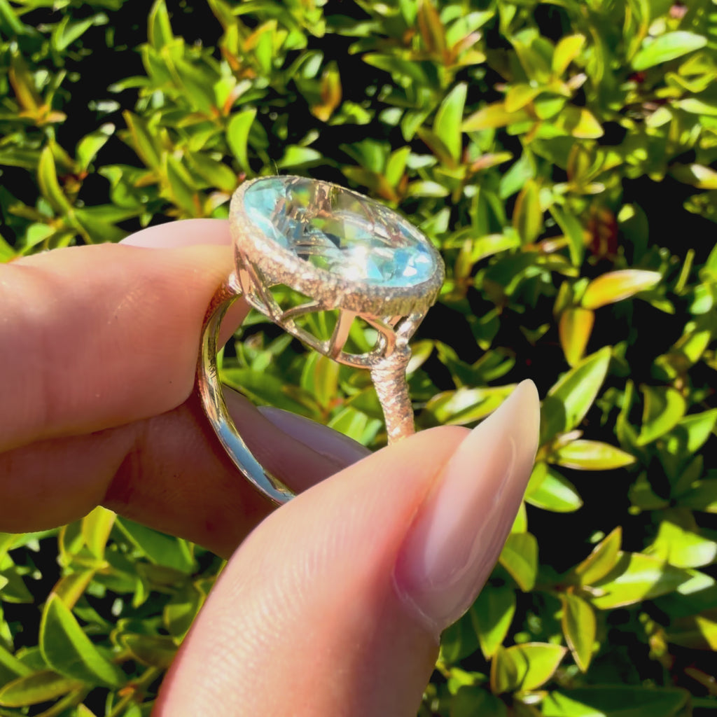 14k yellow gold Aria Arch 4.96ct AIGS Certified Natural Aquamarine East-West Ring (One-of-a-Kind) size 7