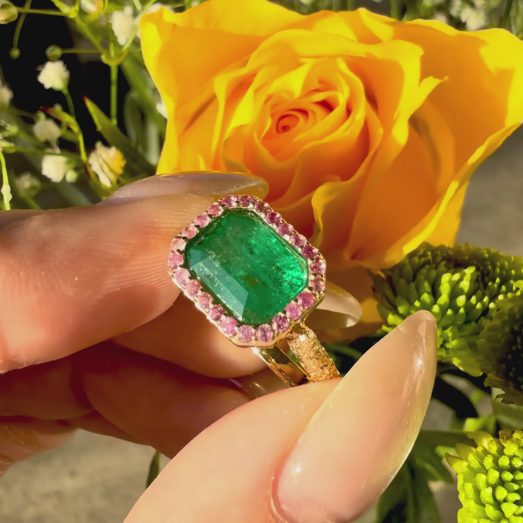 14k yellow gold Aria Arch 2.37 ctw Natural Emerald & Pink Sapphire East-West Ring (One-of-a-Kind)