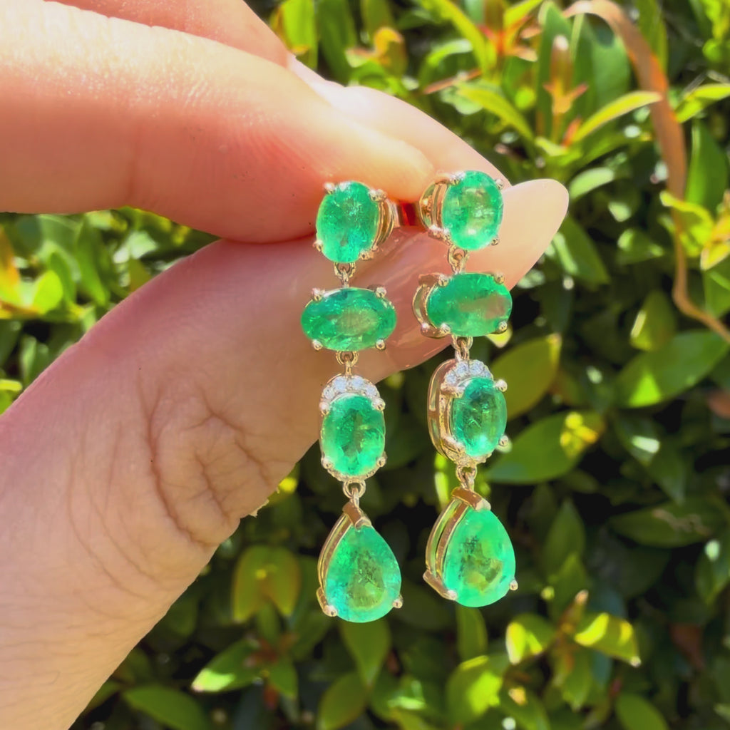 14k gold Garden Melody 3.92 ctw Natural Emerald & Diamond Drop Earrings (One-of-a-Kind)