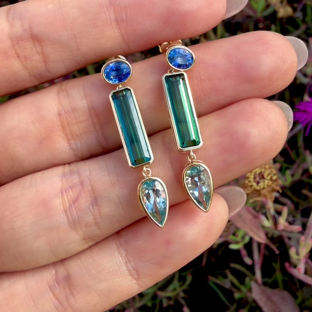 kai fine jewelry 14k yellow gold Garden Melody 5.34 ctw Sapphire, Tourmaline & Aquamarine Drop Earrings (One-of-a-Kind)