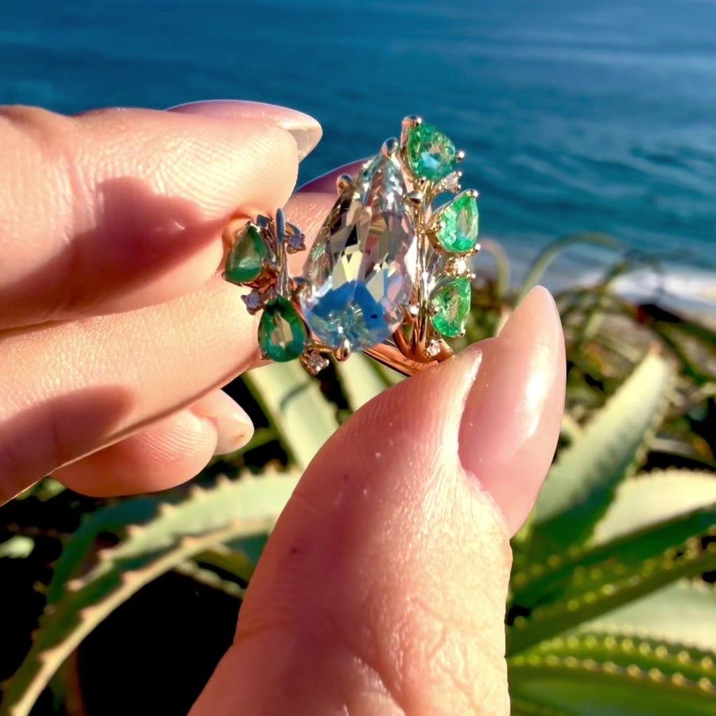 14k yellow gold Enchanted Vine 2.83 ctw Natural Aquamarine, Emerald & Diamond Ring (One-of-a-Kind)