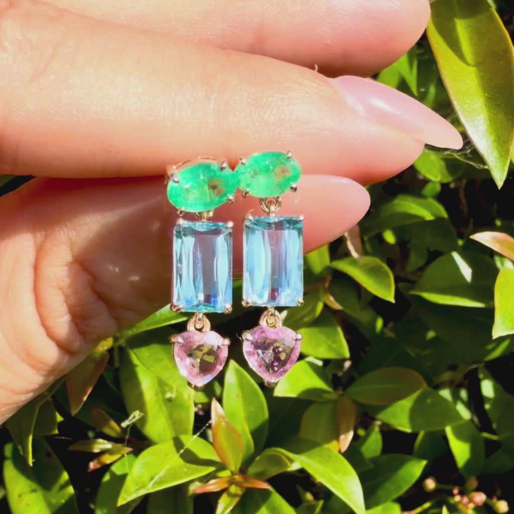 14k yellow gold Garden Melody 3.61 ctw natural Emerald, Aquamarine & Pink Sapphire Drop Earrings (One-of-a-Kind)