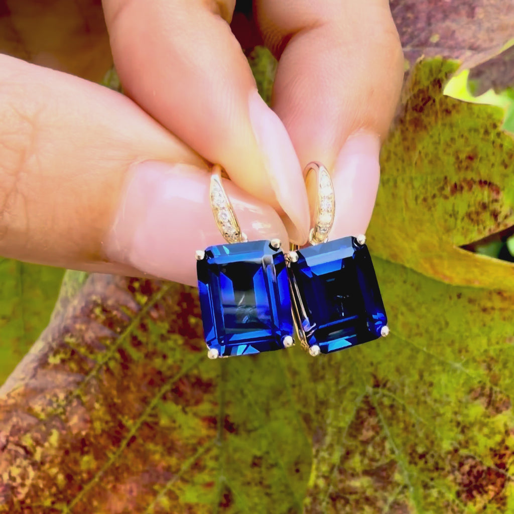 Radiant Emerald-Cut 8.25ctw Lab-Grown Sapphire Diamond Drop Earrings in 14k gold 