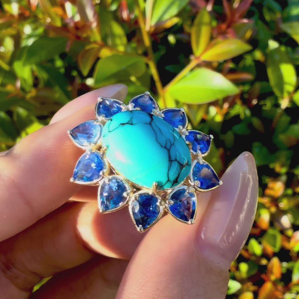 14k yellow gold Bloom Halo 7.01 ctw Natural Turquoise & Blue Sapphire East-West Ring (One-of-a-Kind)
