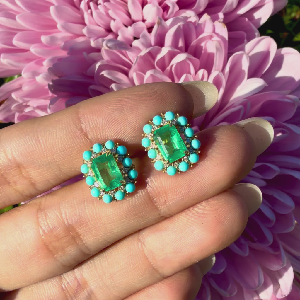 14k yellow gold Belle Halo 2.87 ctw AIGS Certified Natural Emerald, Turquoise & Diamond Earrings (One-of-a-Kind)