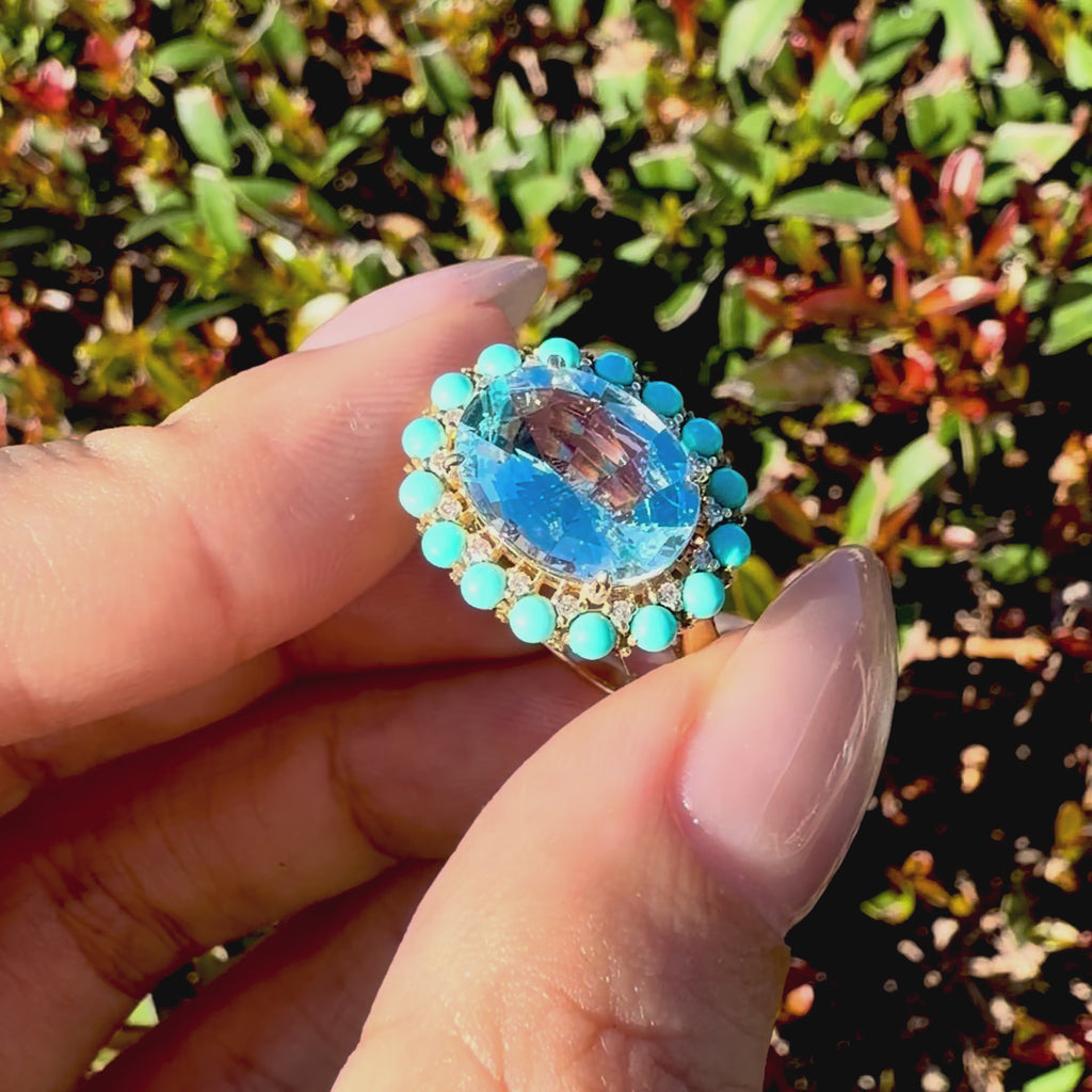 Belle Halo 3.79 ctw Natural Aquamarine, Turquoise & Diamond East-West Ring (One-of-a-Kind)
