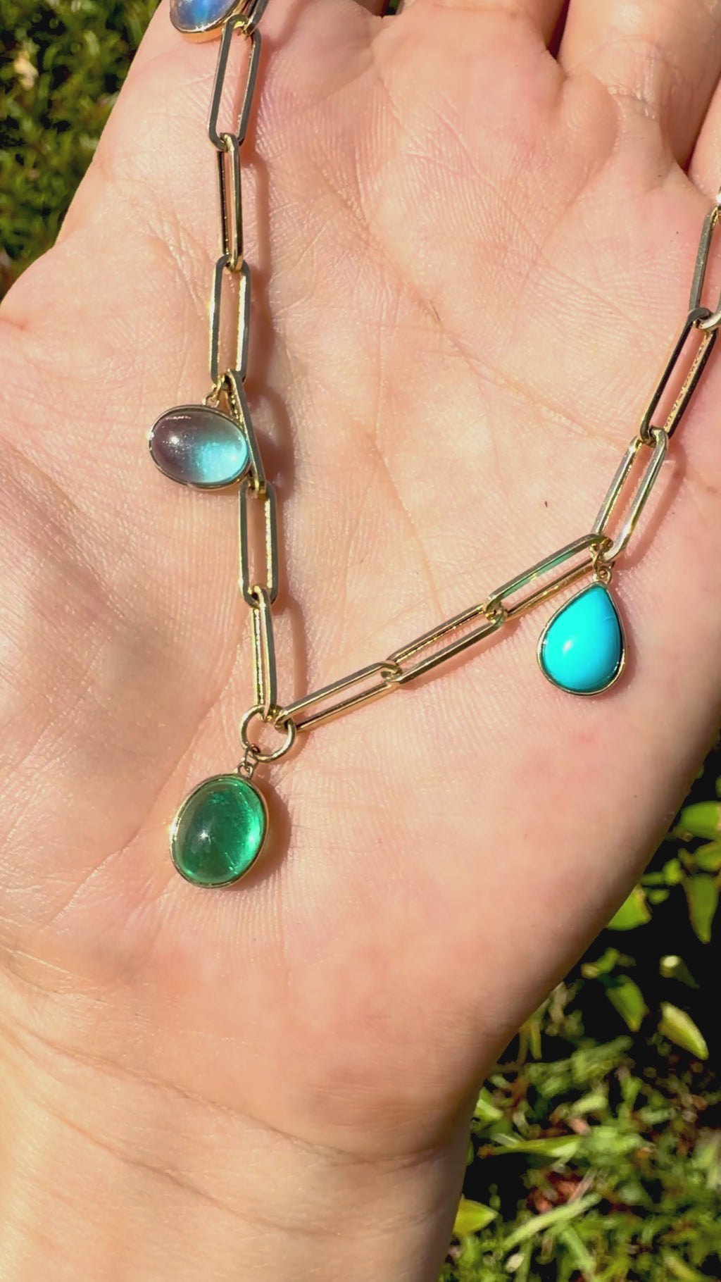 14k yellow gold Earthlight 7.53 ctw Natural Emerald & Turquoise Seven-Gemstone Paperclip Chain Necklace (One-of-a-Kind)
