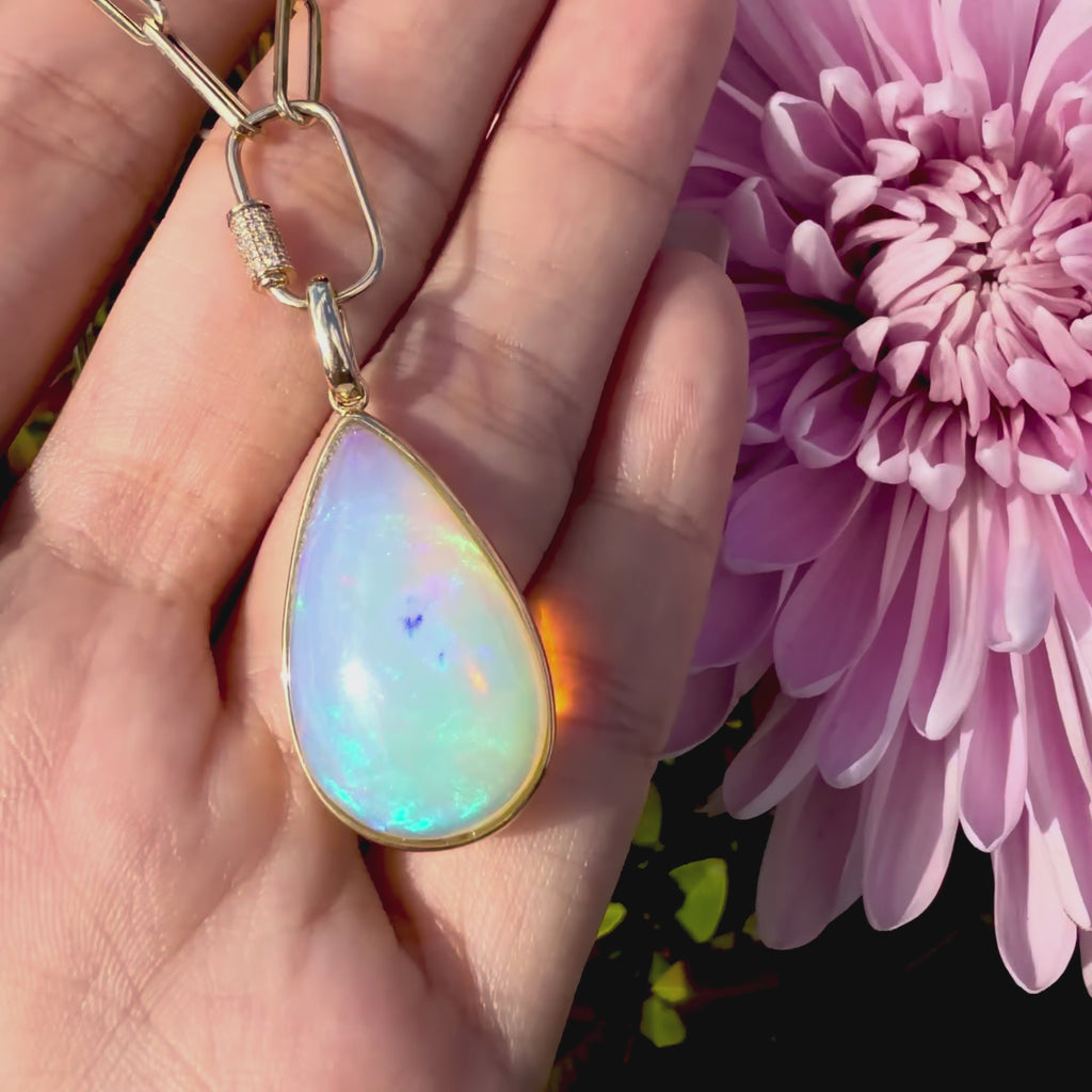 14k yellow gold Vivid Glance 13.25 ctw Natural Opal Diamond Lock Paperclip Chain Necklace (One-of-a-Kind)