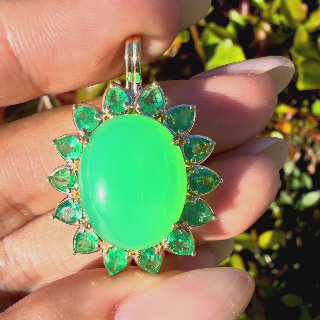 14k yellow gold Bloom Halo 13.02 ctw Natural Australian Chrysoprase & Emerald Diamond Lock Paperclip Chain Necklace (One-of-a-Kind)