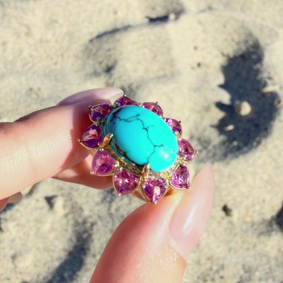 14k yellow gold Bloom Halo 6.15 ctw Natural Turquoise & Pink Tourmaline East-West Ring (One-of-a-Kind)