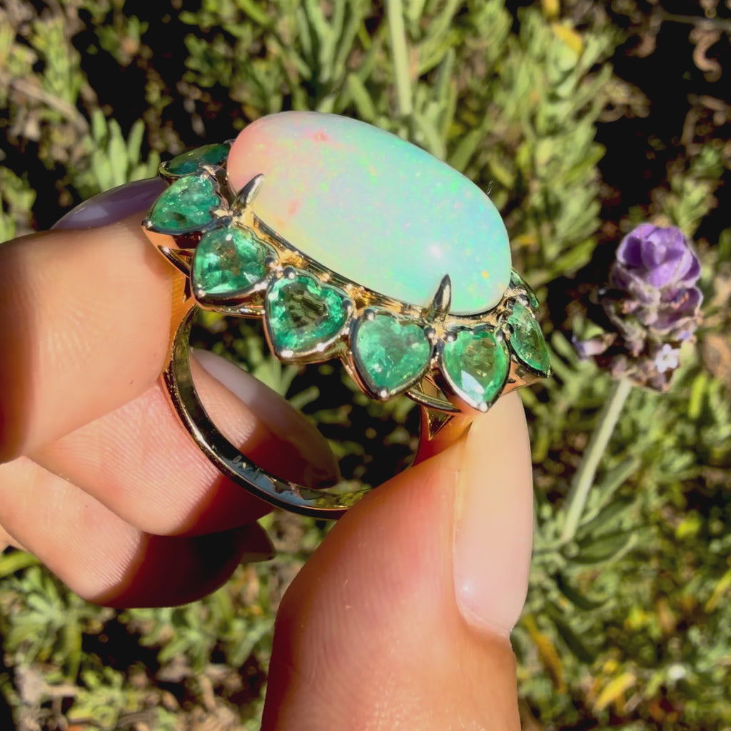 14k yellow gold Bloom Halo 10.14ctw Natural Opal & Emerald East-West Ring (One-of-a-Kind) size 7