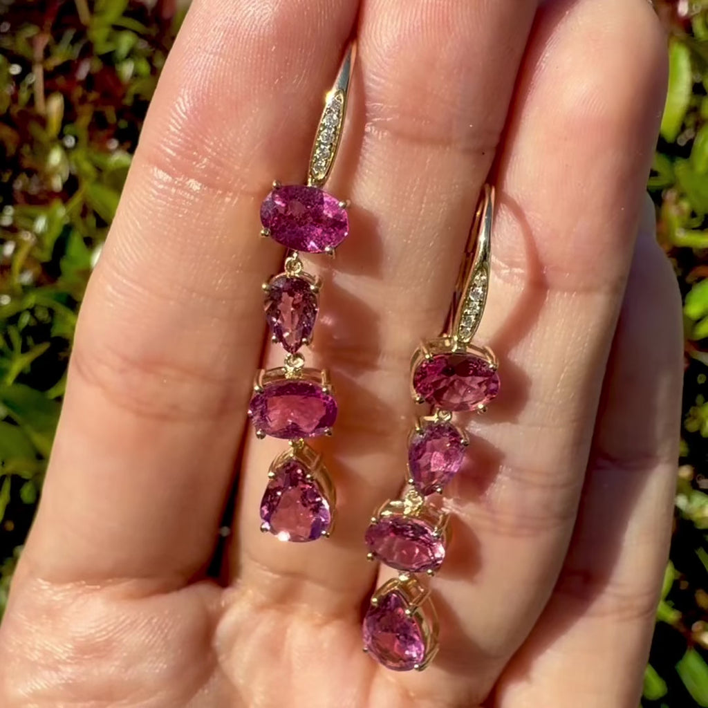14k yellow gold Garden Melody 5.38 ctw Natural Pink Tourmaline & Diamond Drop Earrings (One-of-a-Kind)