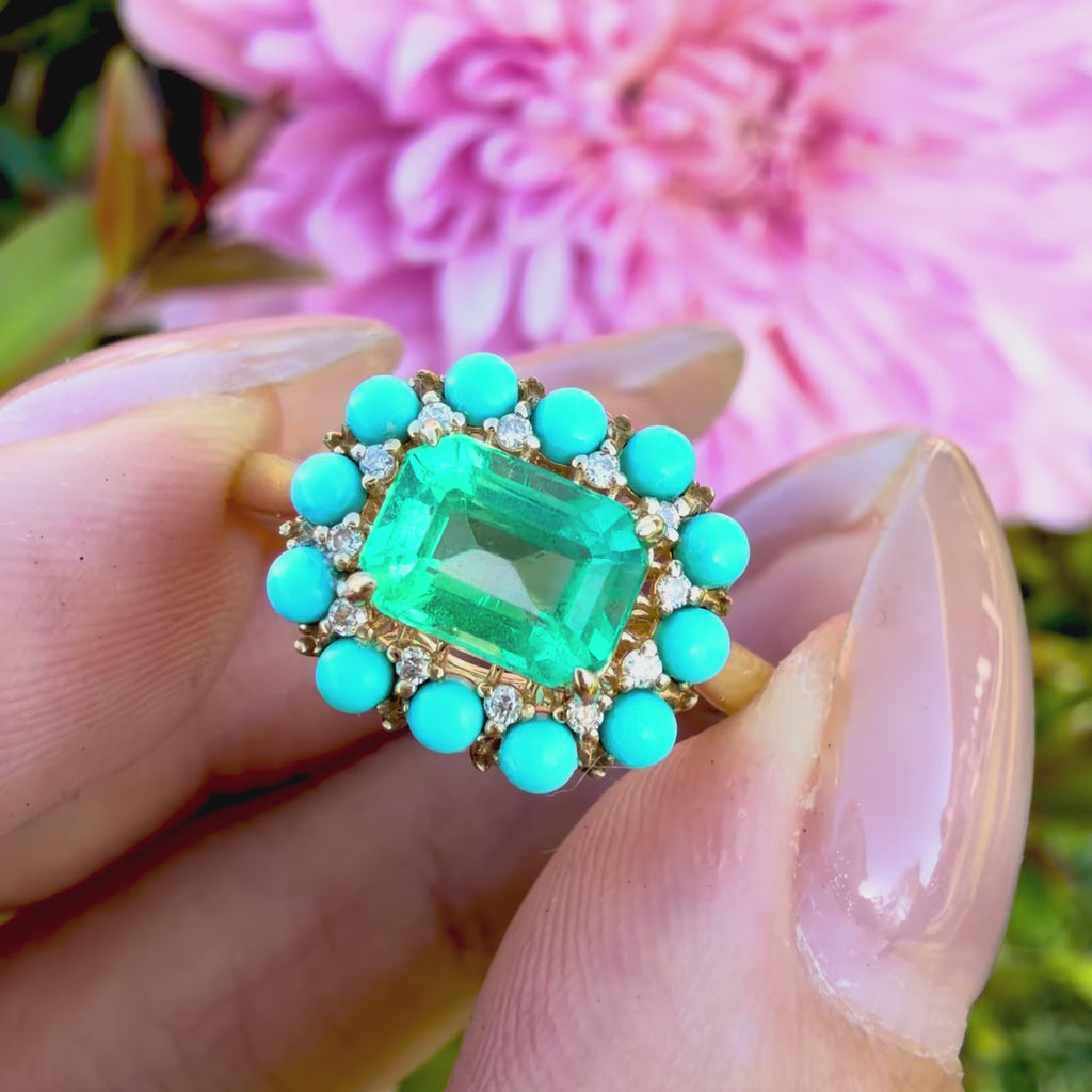 14k yellow gold Belle Halo 1.55 ctw AIGS Certified Natural Emerald, Turquoise & Diamond Earrings (One-of-a-Kind) US 7