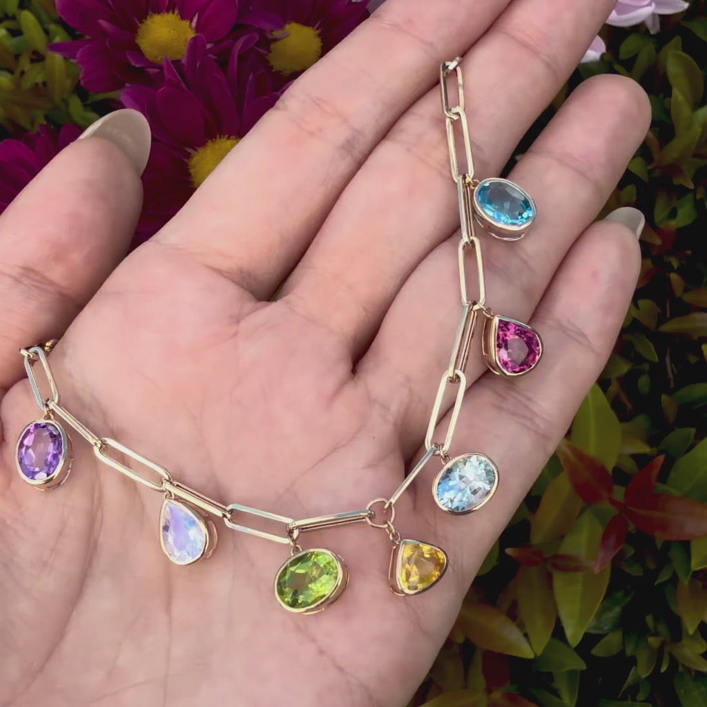 14k yellow gold Earthlight 7.32 ctw Natural Sapphire & Aquamarine Seven-Gemstone Paperclip Chain Necklace (One-of-a-Kind)