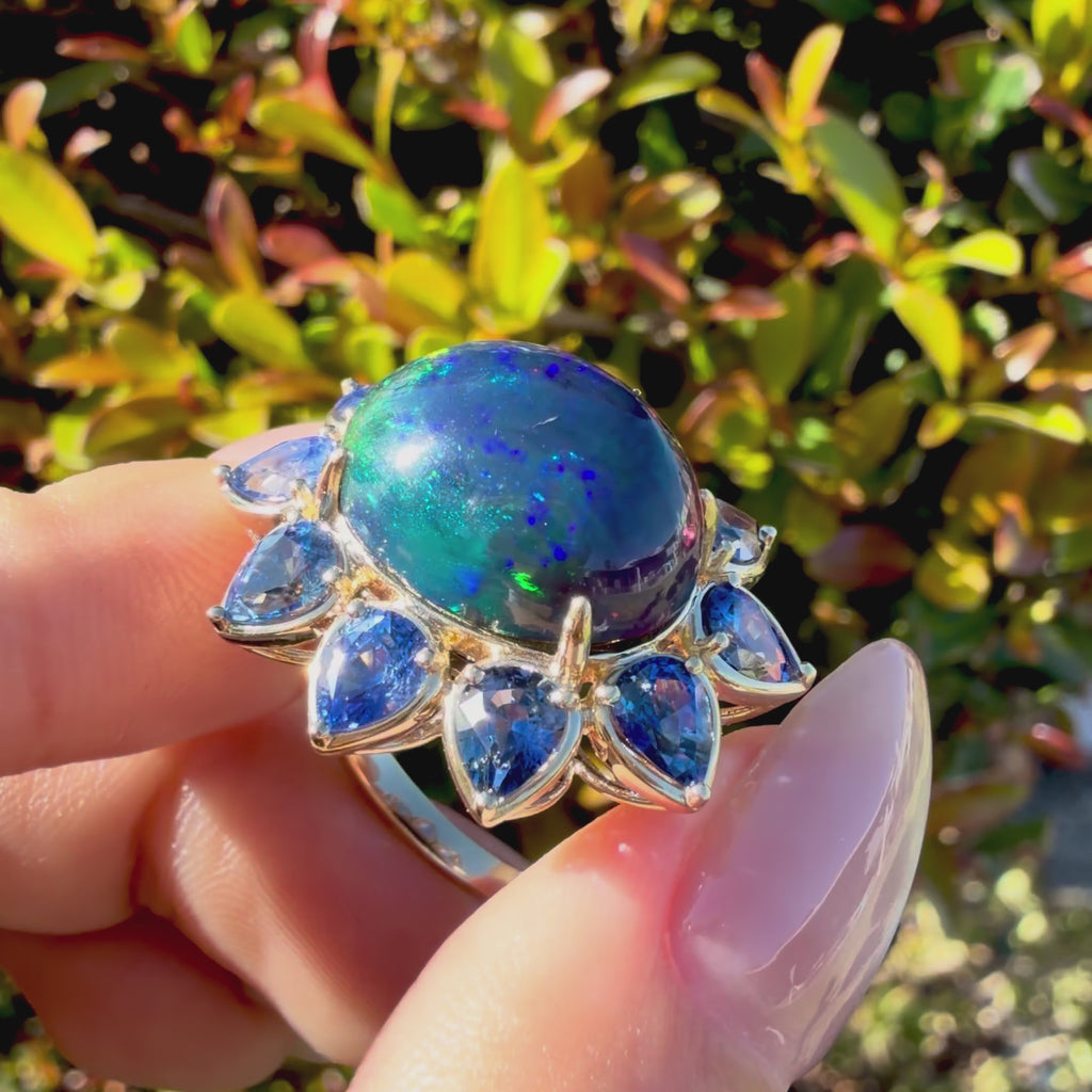 14k yellow gold Bloom Halo 9.69 ctw Natural Opal & Sapphire East-West Ring (One-of-a-Kind)