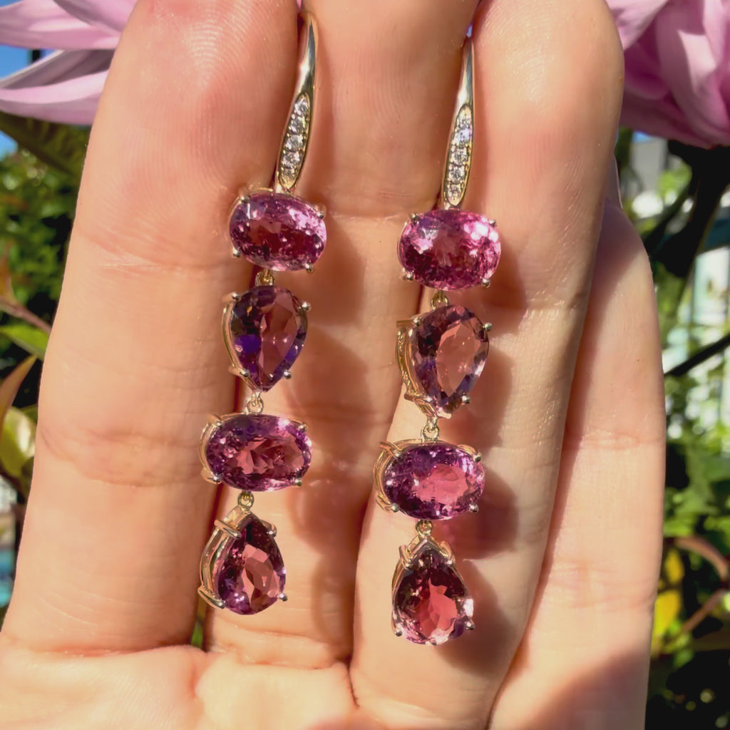 14k yellow gold Garden Melody 8.43 ctw Natural Rose Tourmaline & Diamond Drop Earrings (One-of-a-Kind)
