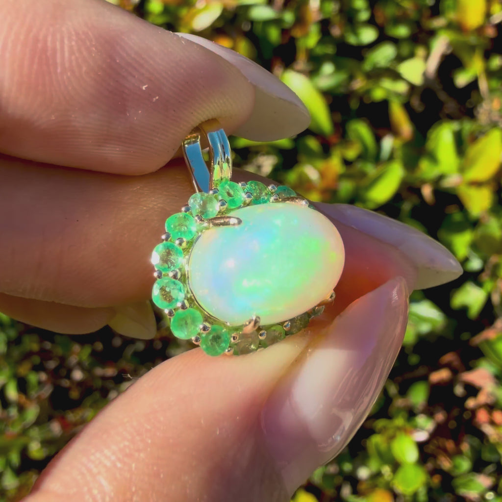 14k yellow gold Eden Halo 5.17 ctw Natural Opal & Emerald Diamond Lock Paperclip Chain Necklace (One-of-a-Kind)