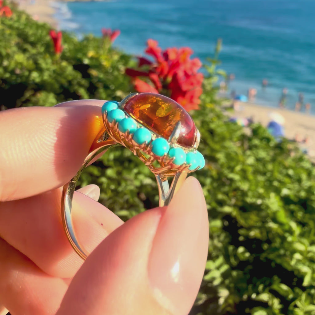 14k yellow gold Eden Halo 3.14 ctw Natural Golden Amber & Turquoise East-West Ring (One-of-a-Kind)