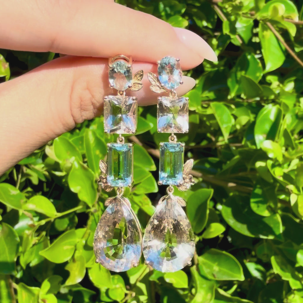 Garden Melody 34.85 ctw Natural Aquamarine & Champagne Scapolite Drop Earrings (One-of-a-Kind)