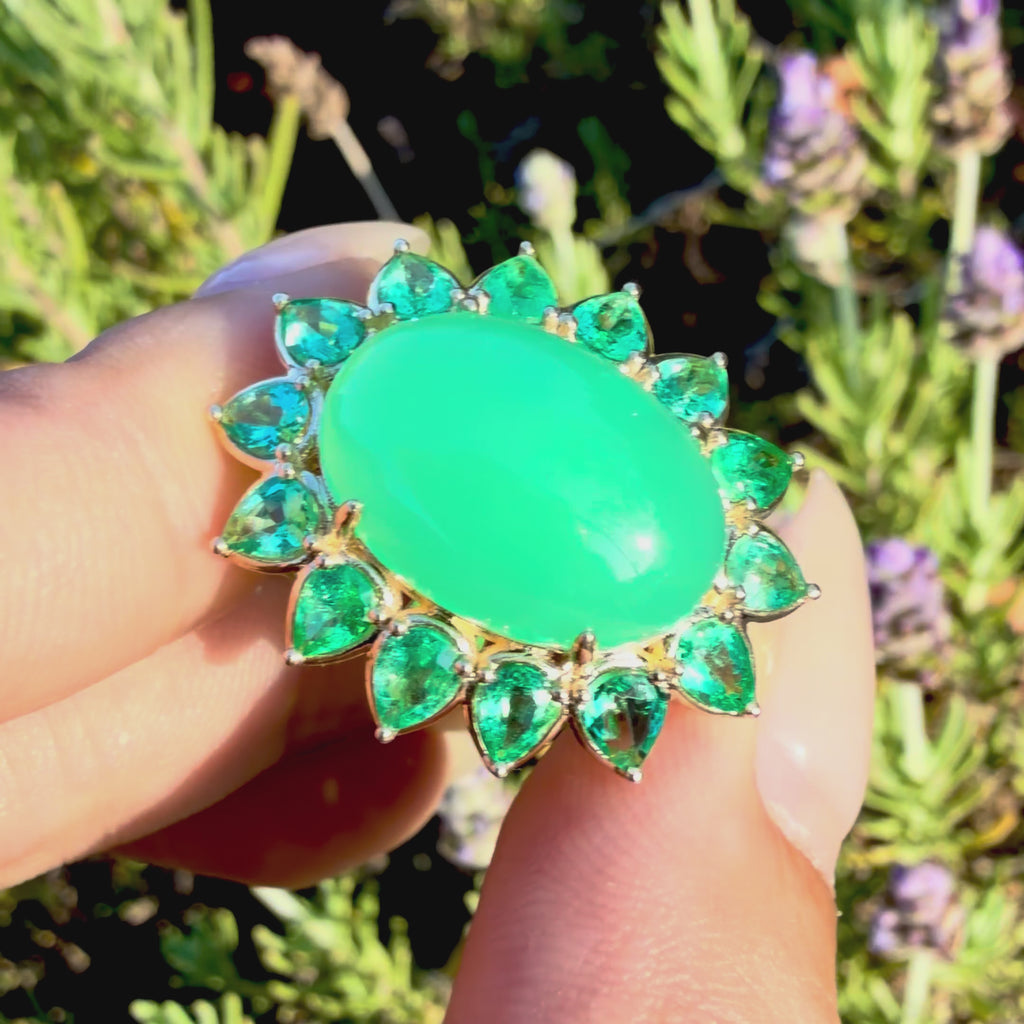 14k yellow gold Bloom Halo 8.49 ctw Natural Australian Chrysoprase & Emerald East-West Ring (One-of-a-Kind)
