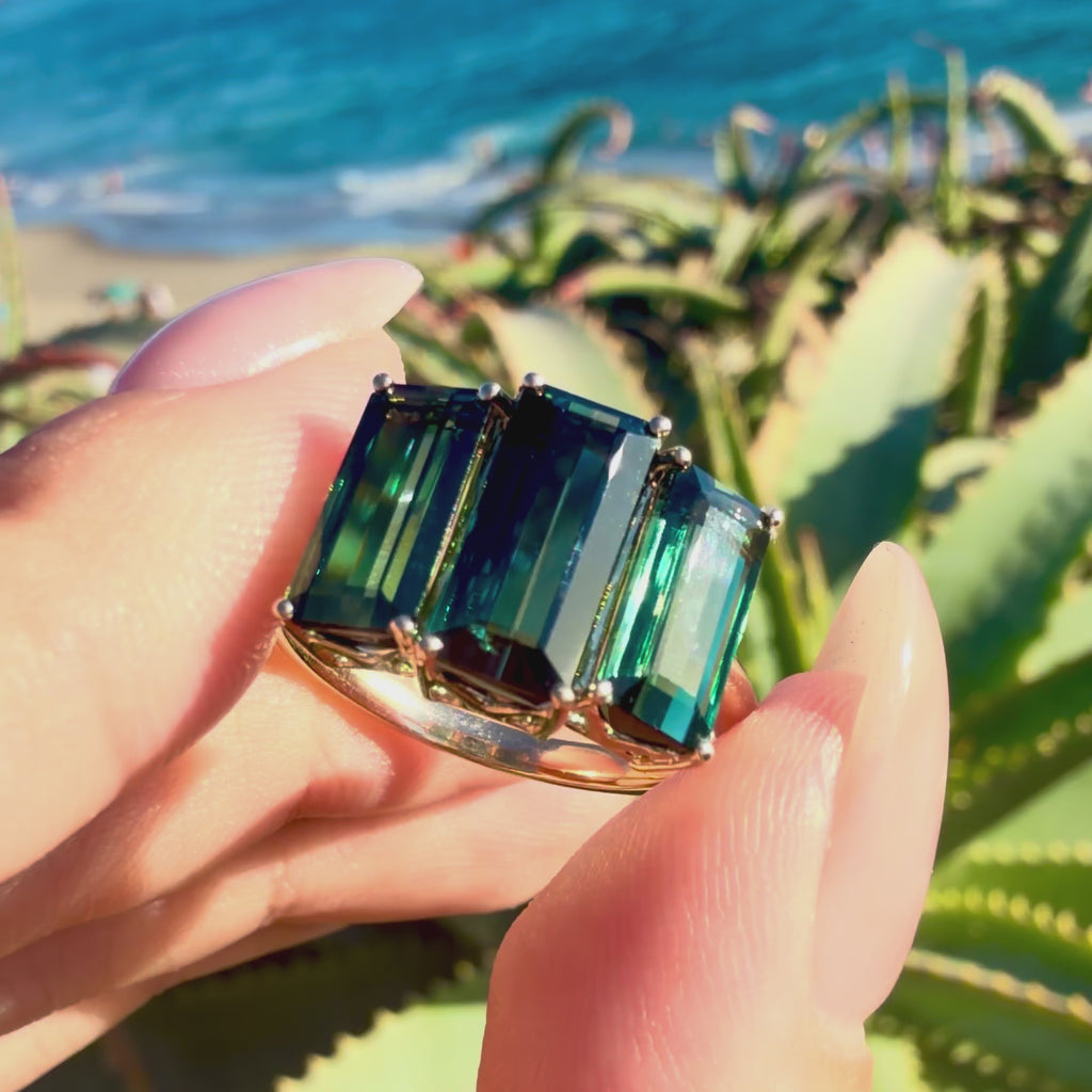 14k yellow gold Eden Trio 4.91 ctw Natural Teal Blue-Green Tourmaline Three-Stone Ring (One-of-a-Kind)