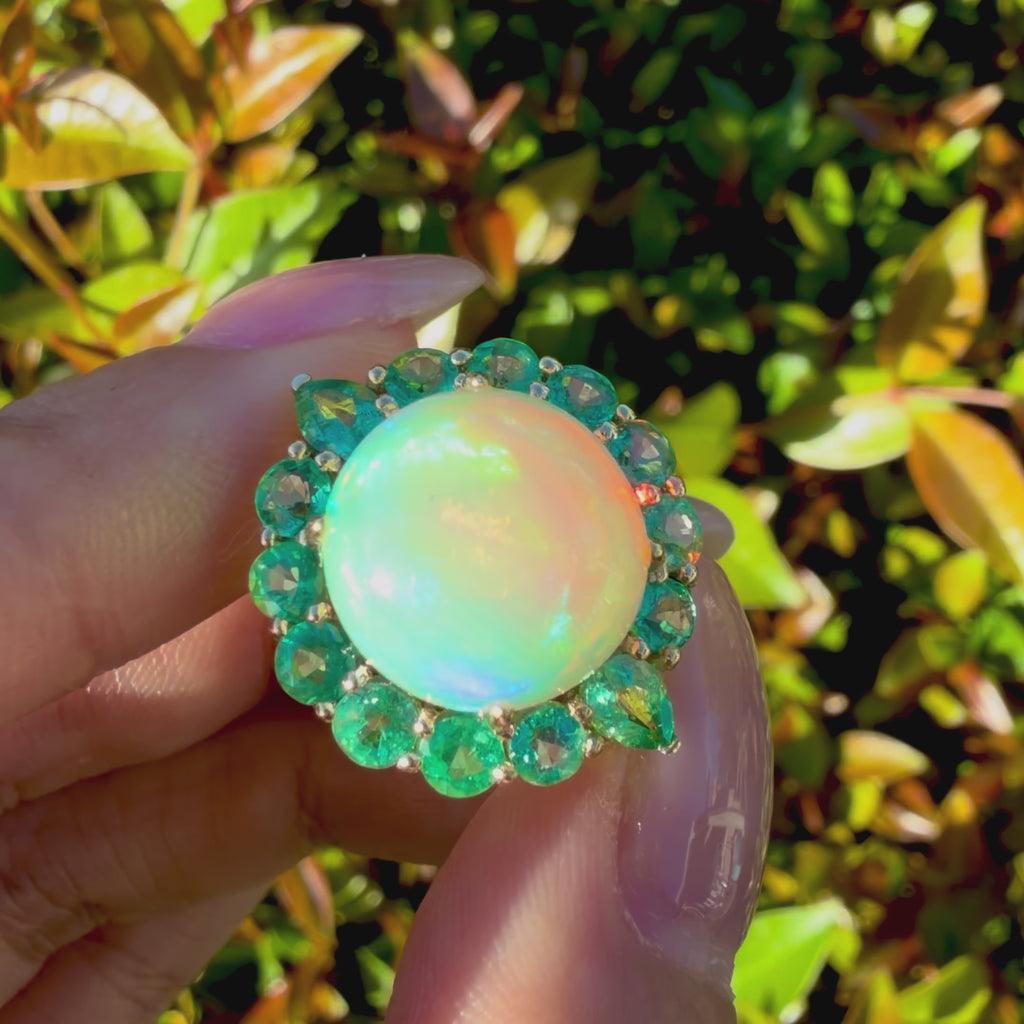 14k yellow gold Eden Halo 8.05 ctw Natural Opal & Emerald East-West Ring (One-of-a-Kind)