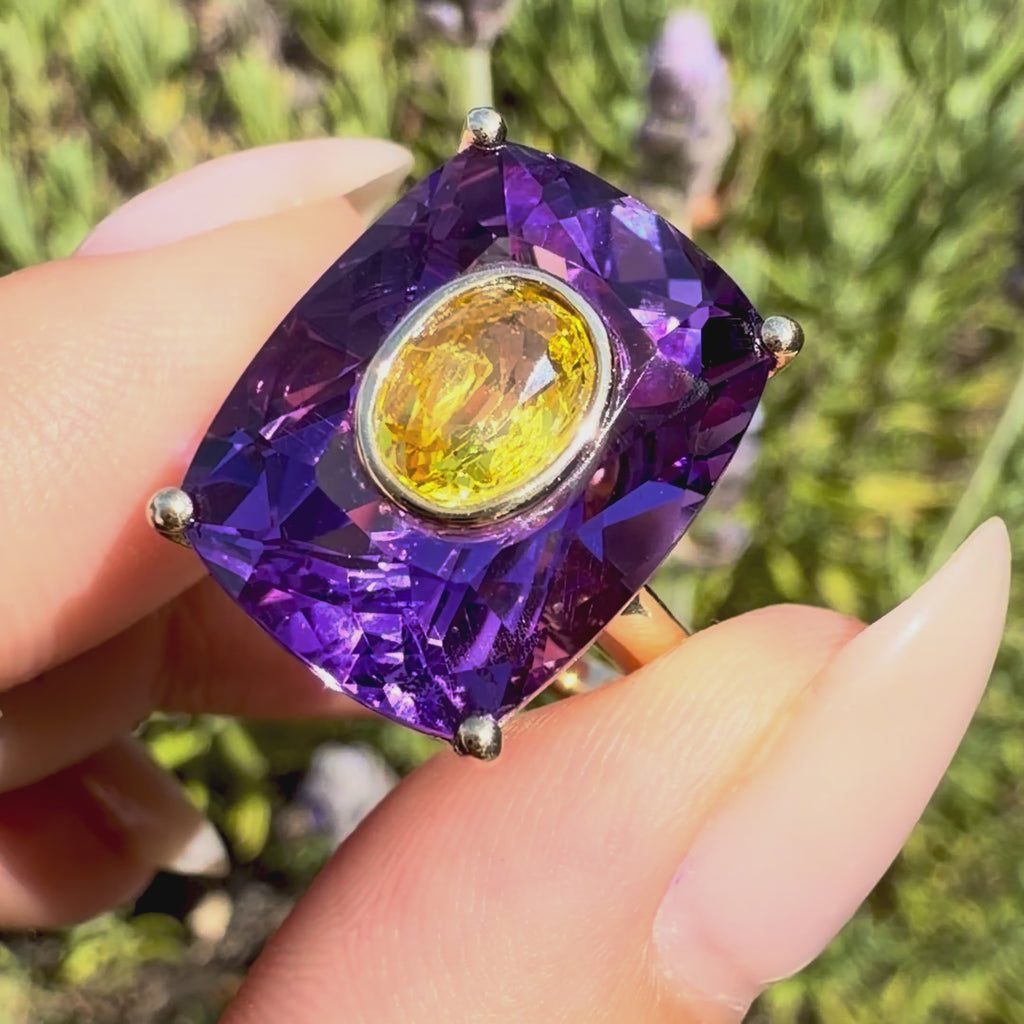 14k yellow gold Inner Light 10.90 ctw Natural Amethyst & Yellow Sapphire Ring (One-of-a-Kind)