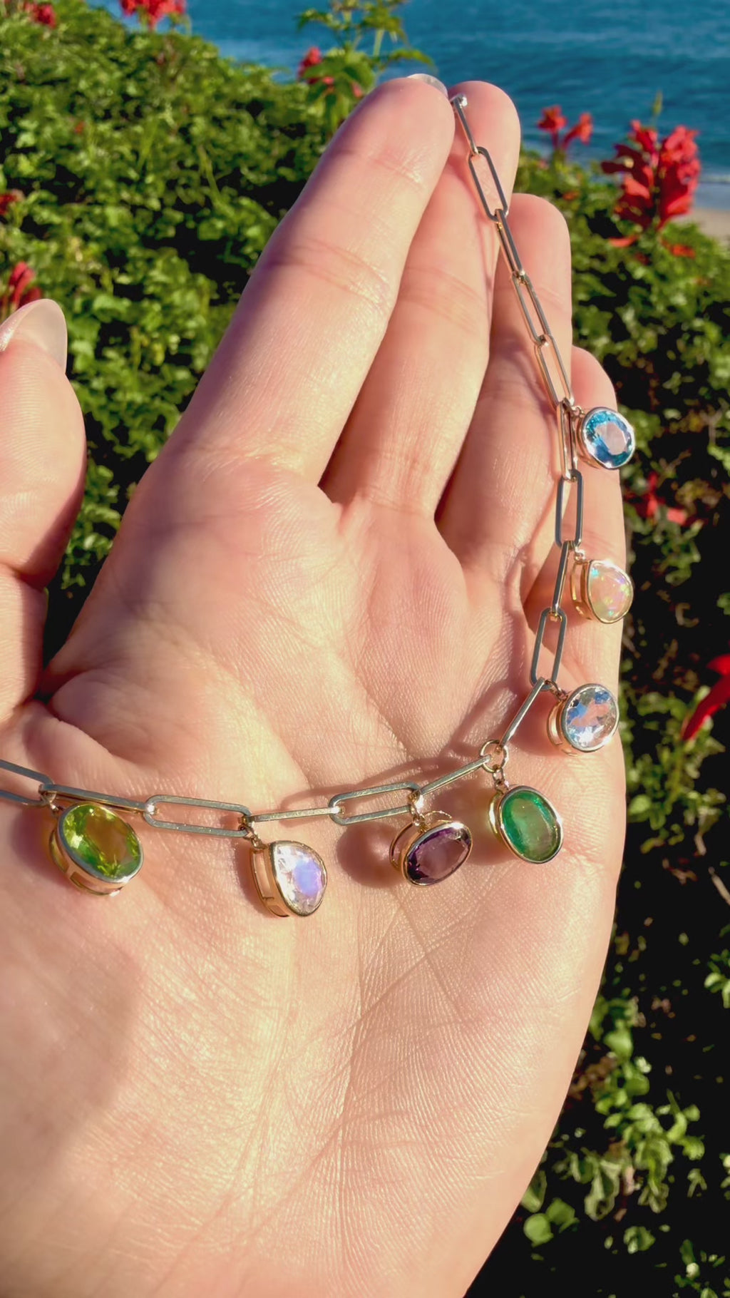 14k yellow gold Earthlight 8.40 ctw Natural Emerald & Aquamarine Seven-Gemstone Paperclip Chain Necklace (One-of-a-Kind)