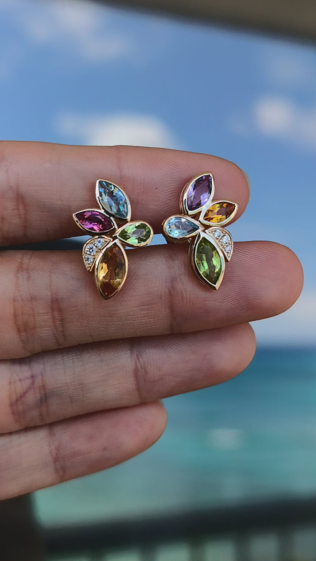 Flower Natural Peridot, Citrine, Aquamarine, Amethyst, Tourmaline Diamond Earrings 14k yellow gold