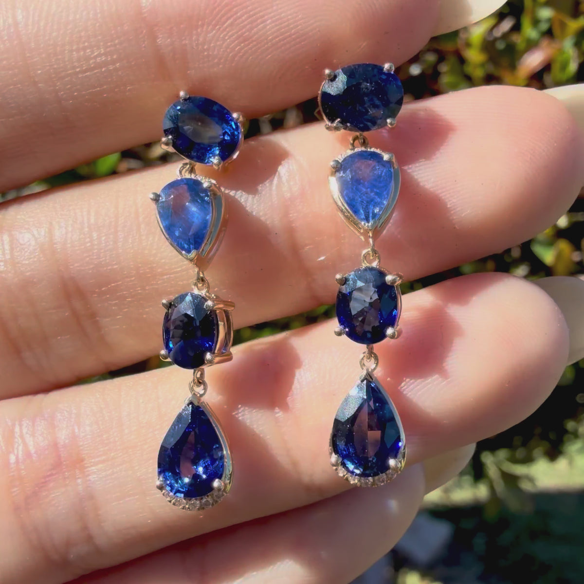 14k solid yellow gold Garden Melody AIGS Certified 5.13 ctw Natural Royal Blue Sapphire & Diamond Drop Earrings (One-of-a-Kind)
