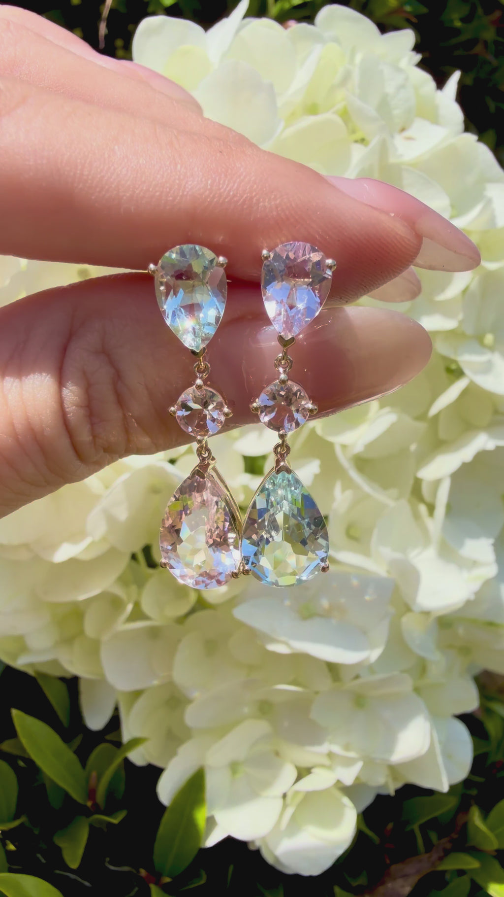 Garden Melody 7.88 ctw Natural Aquamarine & Pink Morganite Drop Earrings in 14k yellow gold (One-of-a-Kind)
