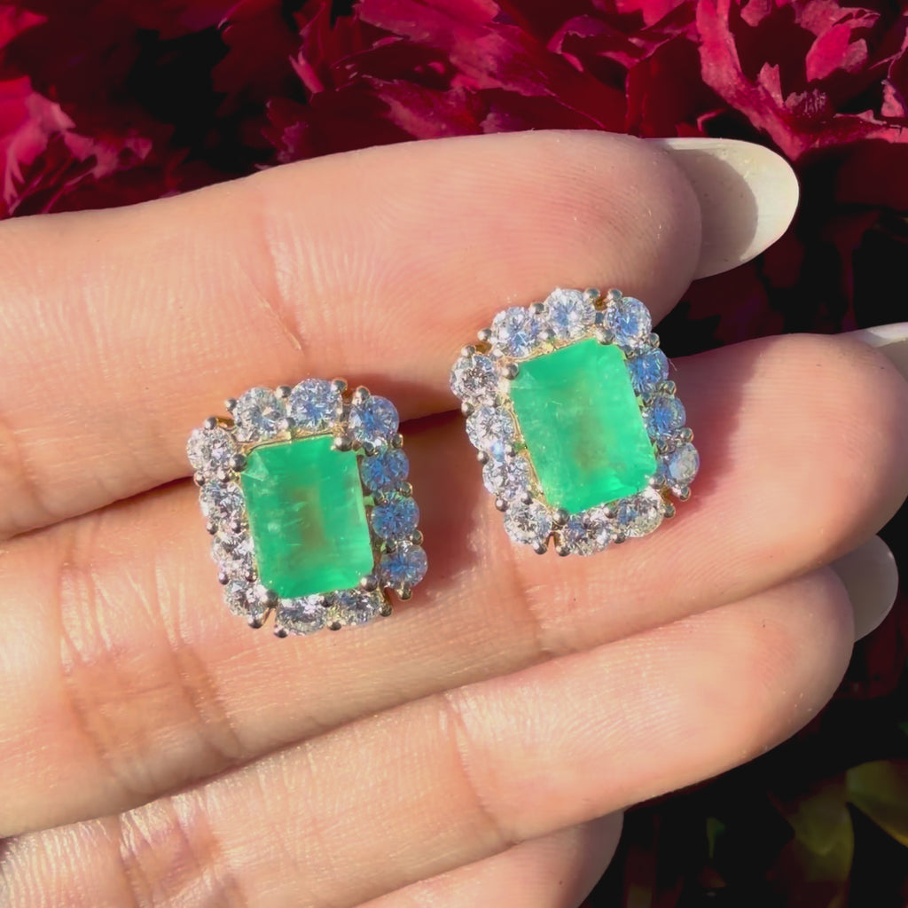 14k yellow gold Eden Halo 4.87 ctw Natural Emerald & Lab Grown Diamond Earrings (One-of-a-Kind)