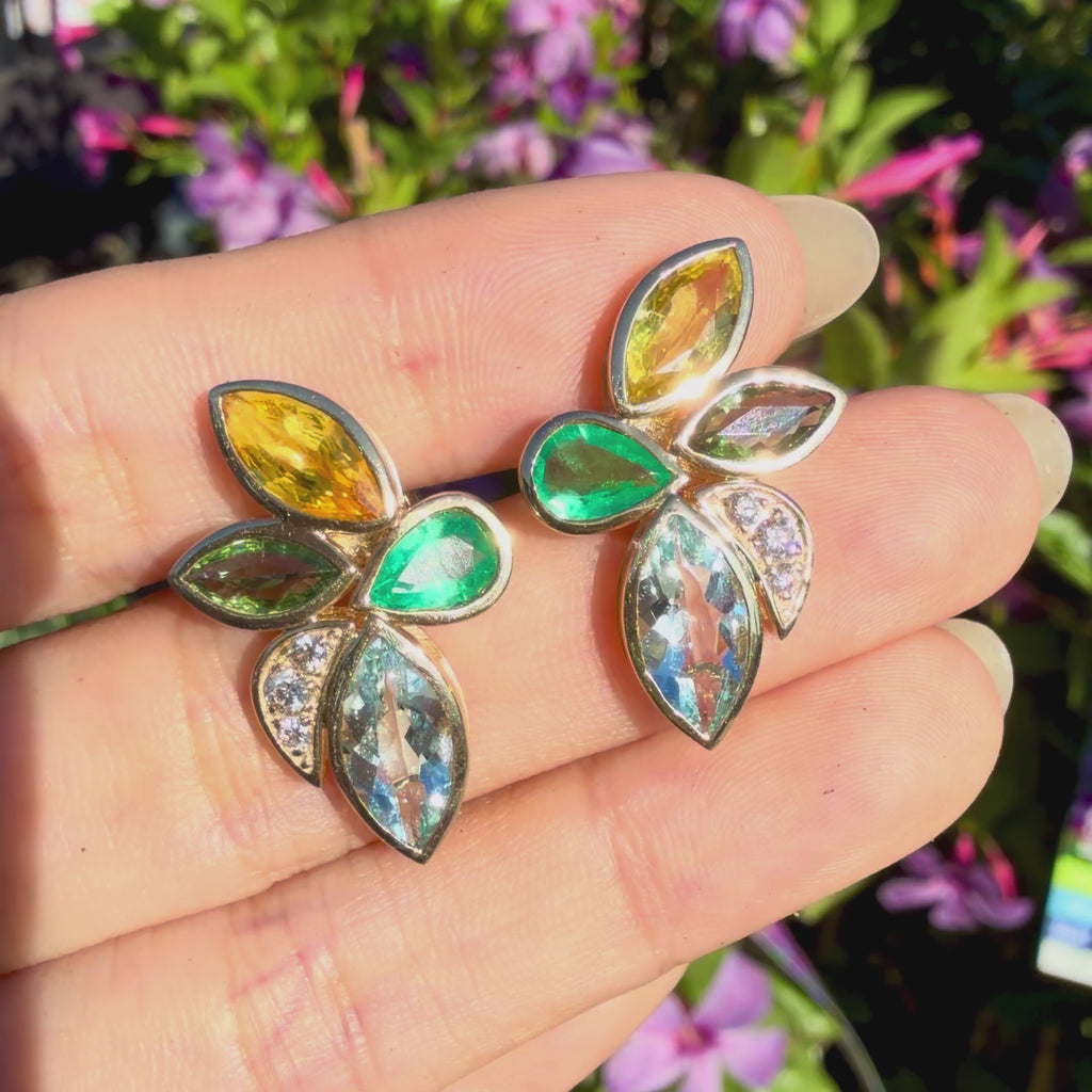 Tropical Flower 6.10 ctw Natural Sapphire, Emerald, Aquamarine & Diamond Earrings (One-of-a-Kind)