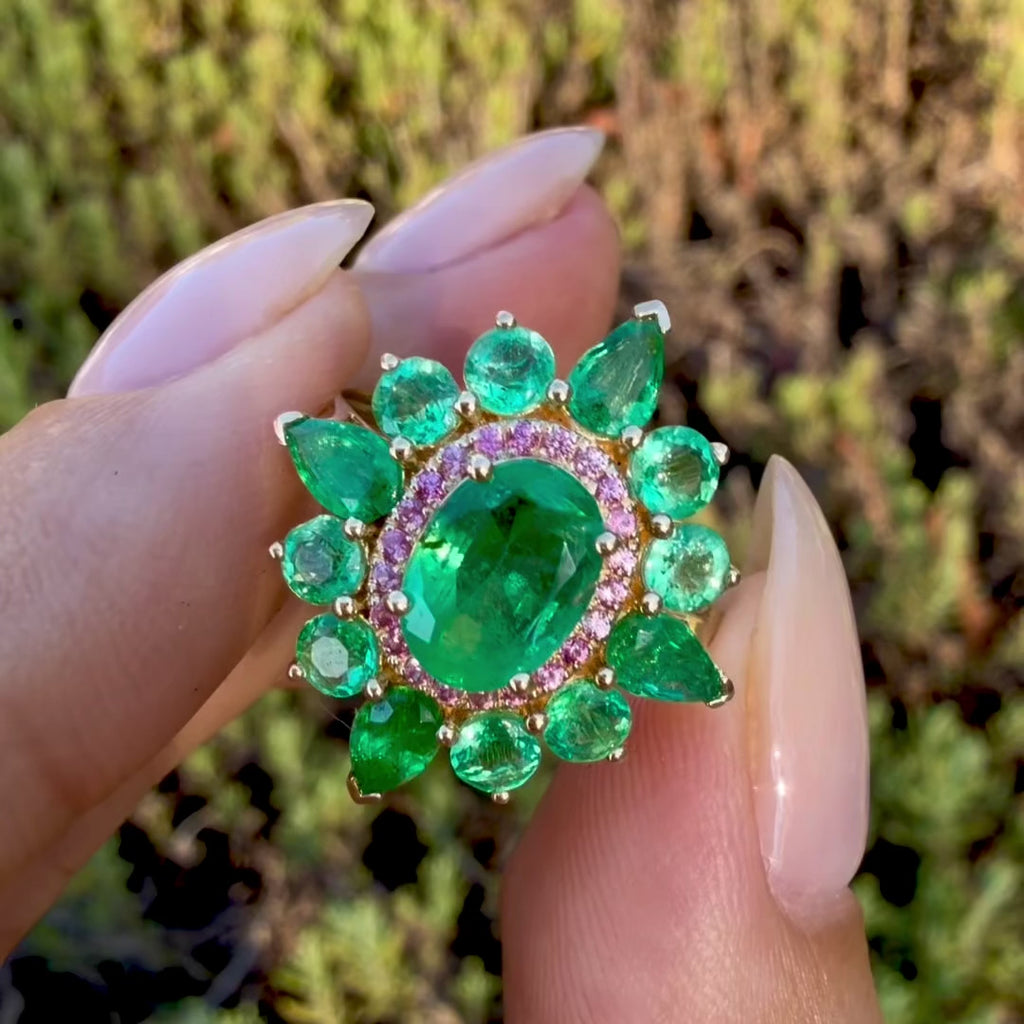 Kai Fine Jewelry Stellara 3.55 ctw AIGS Certified Natural Emerald & Pink Sapphire Ring Size 7 (One-of-a-Kind)