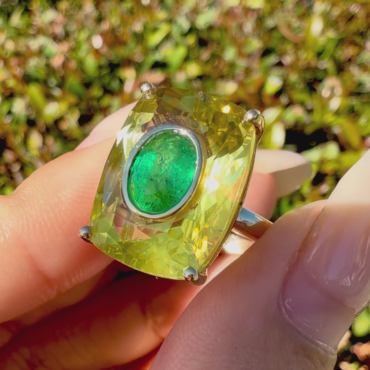 14k solid yellow gold Inner Light 10.80 ctw Natural Citrine & Emerald Ring (One-of-a-Kind)