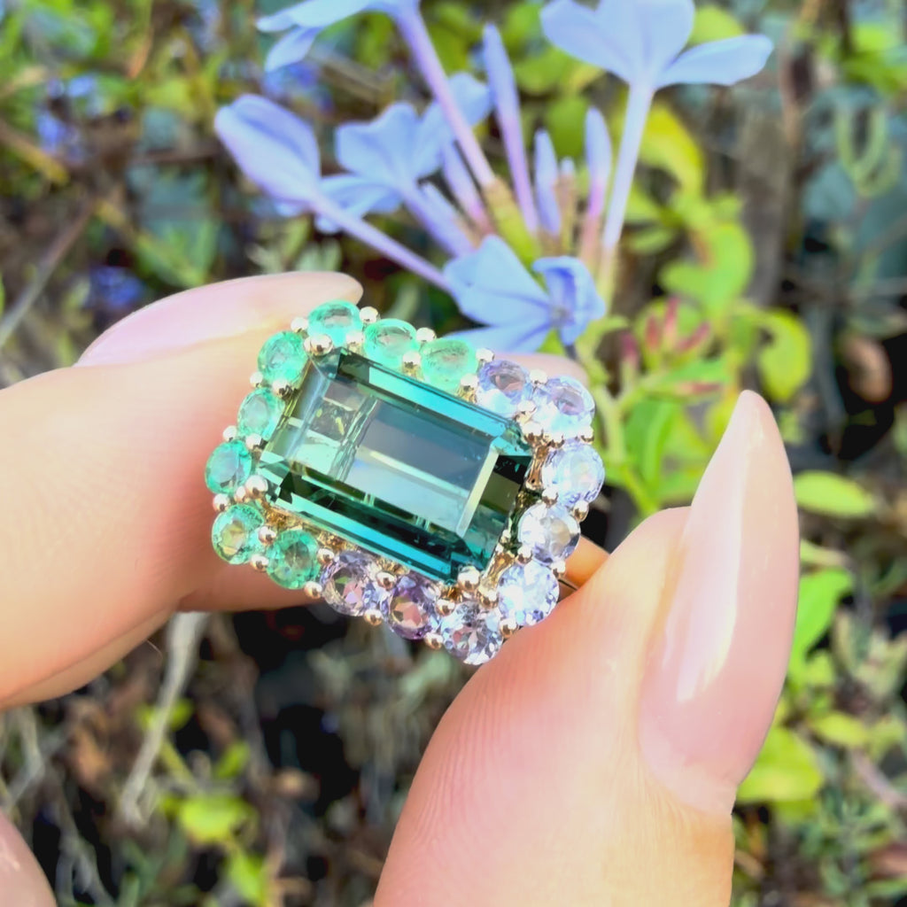 14k yellow gold Eden Halo 4.36 ctw Natural Bi-Color Teal Toumaline, Emerald & Tanzanite East-West Ring (One-of-a-Kind)
