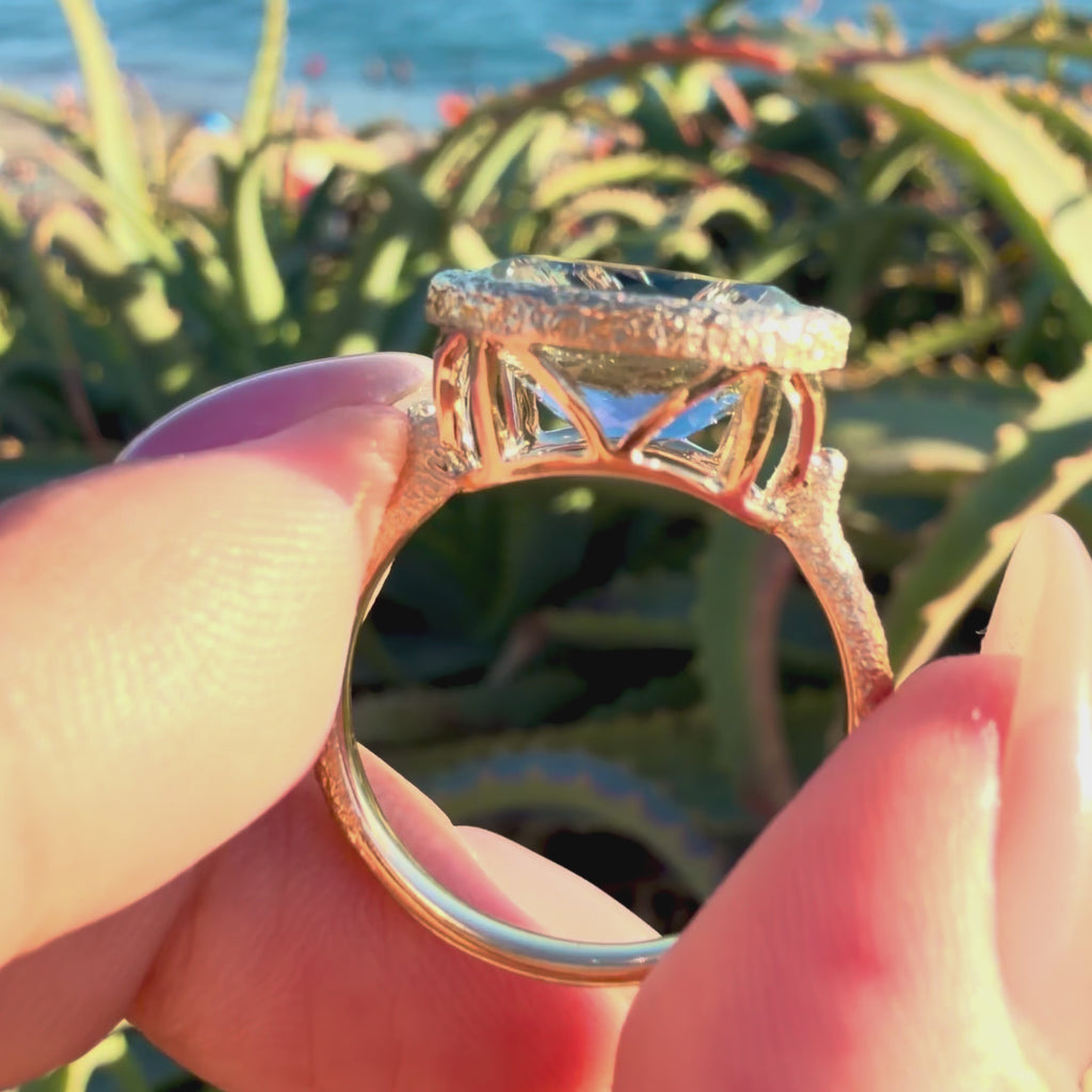 14k yellow gold Aria Arch 4.33 ct AIGS Certified Natural Aquamarine East-West Ring (One-of-a-Kind)