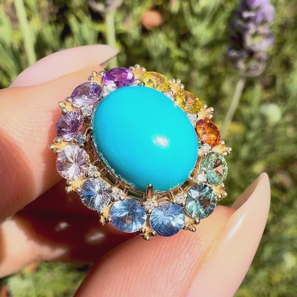 kai fine jewelry 14k yellow gold Belle Halo 4.81 ctw Natural Turquoise, Sapphire & Diamond East-West Ring (One-of-a-Kind)