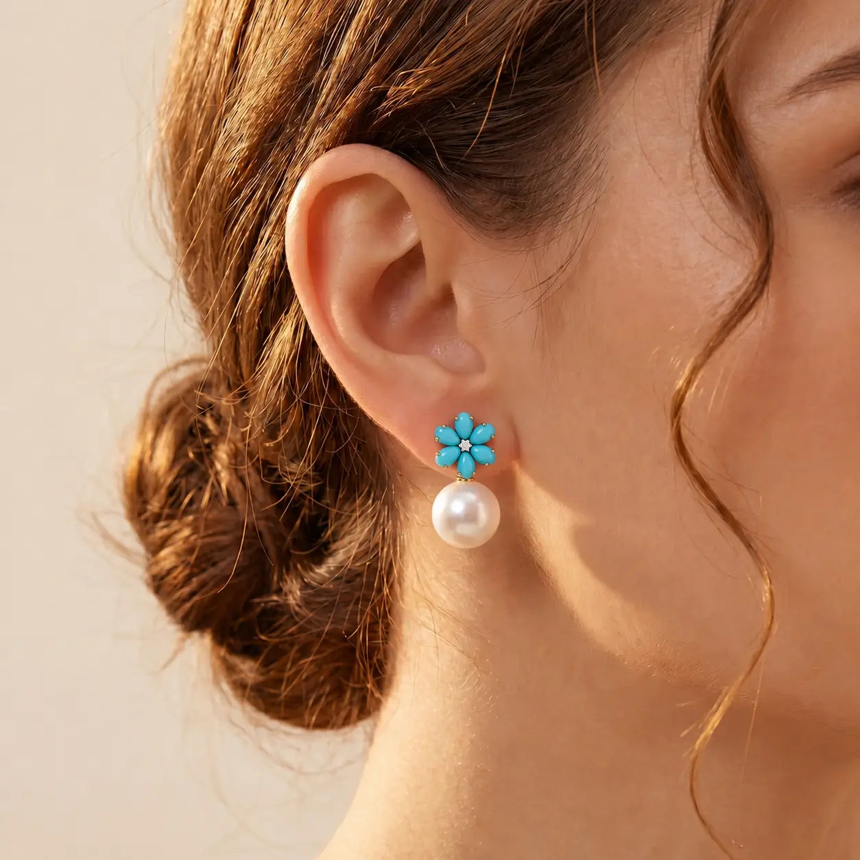 Flora Natural Sleeping Beauty Turquoise Diamond Pearl Convertible Drop Earrings in 14k yellow gold
